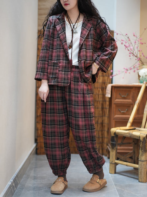 Women Spring Vintage PlaidTurn-down Collar Loose Suits