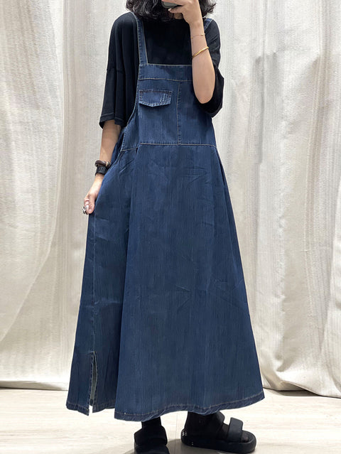 Robe longue à bretelles en denim de couleur pure pour femmes