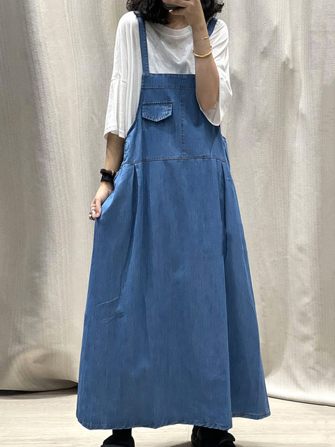 Robe longue à bretelles en denim de couleur pure pour femmes