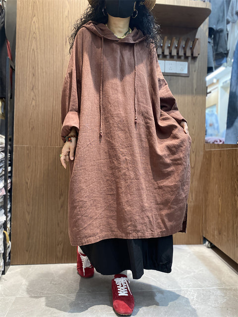 Women Spring Casual Pure Color Loose Hooded Dress