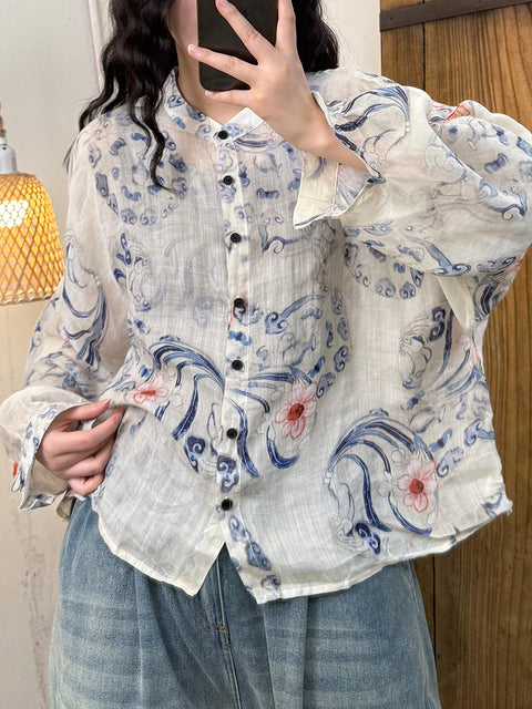 Chemise à fleurs vintage à col montant pour femme, 100 % ramie, printemps