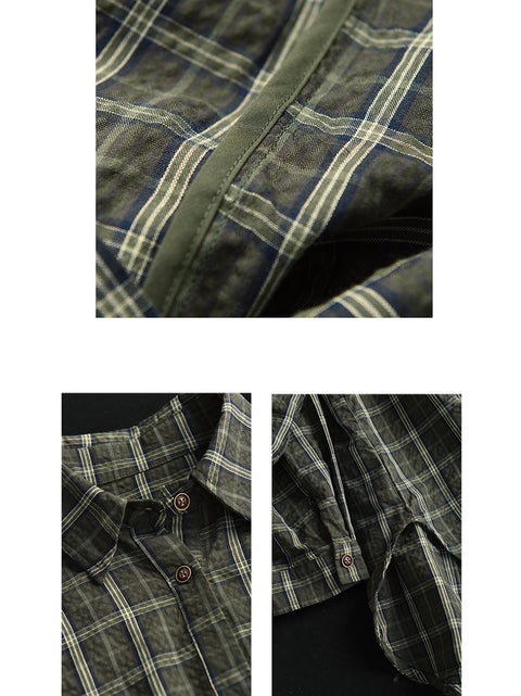 Women Artsy Plaid Turn-down Collar 100%Cotton Shirt