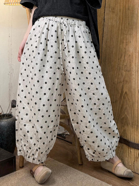 Pantalon ample en lin à pois vintage pour femme