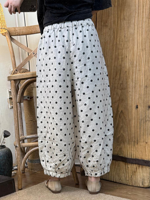 Pantalon ample en lin à pois vintage pour femme