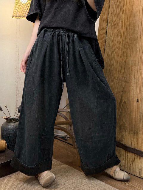 Pantalon large en denim délavé rétro pour femme