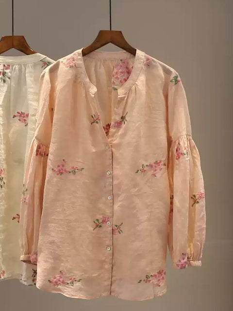 Chemise à col en V à imprimé floral pour femme, 100 % ramie