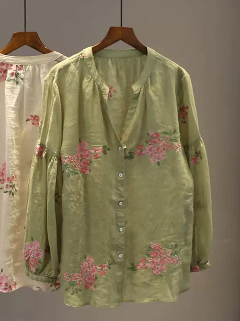 Chemise à col en V à imprimé floral pour femme, 100 % ramie