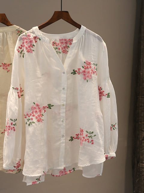 Chemise à col en V à imprimé floral pour femme, 100 % ramie