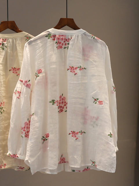 Chemise à col en V à imprimé floral pour femme, 100 % ramie