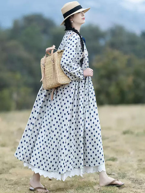 Robe ample en lin à pois et col en dentelle pour femme