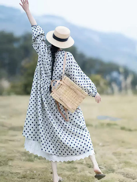 Robe ample en lin à pois et col en dentelle pour femme