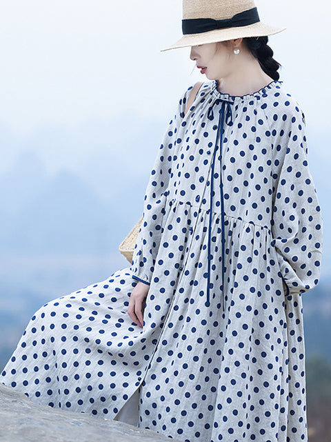 Robe ample en lin à pois et col en dentelle pour femme