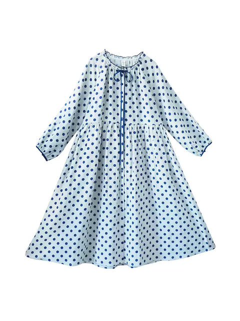 Robe ample en lin à pois et col en dentelle pour femme