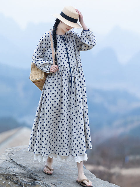 Robe ample en lin à pois et col en dentelle pour femme