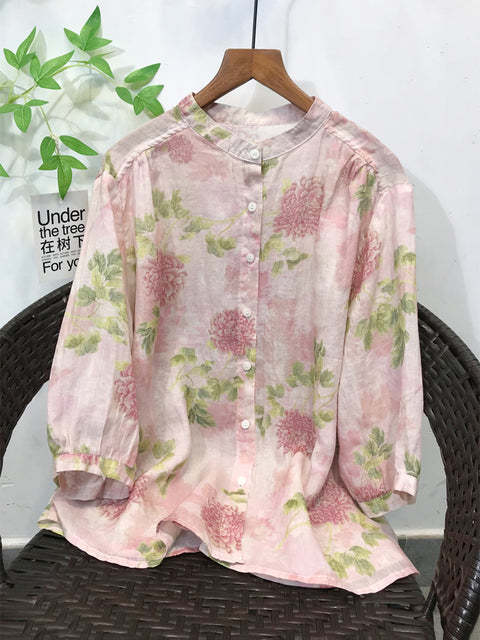 Women Spring Artsy Flower Stand Collar 100%Ramie Shirt