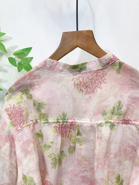 Women Spring Artsy Flower Stand Collar 100%Ramie Shirt