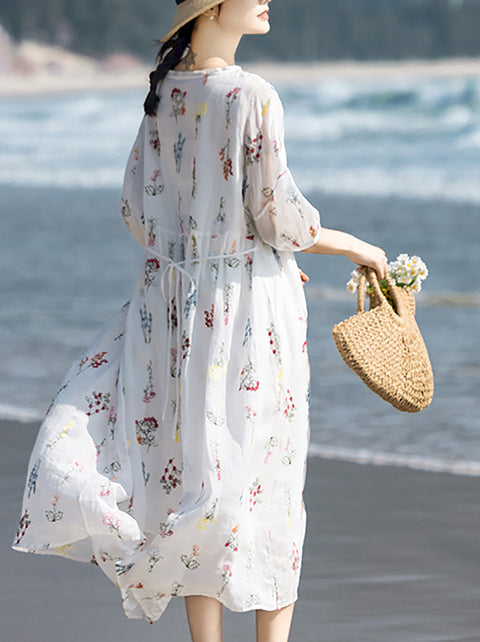 Robe 100 % ramie avec broderies de fleurs printanières pour femmes