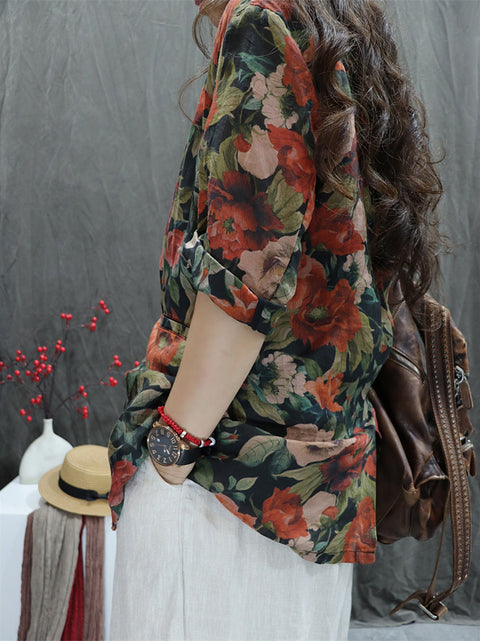 Women Artsy Spring Flower Lapel 100%Ramie Shirt