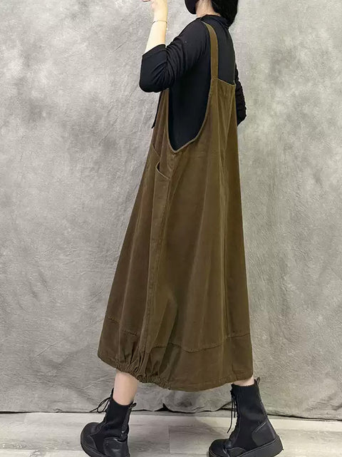 Robe à bretelles en denim de couleur pure rétro pour femmes