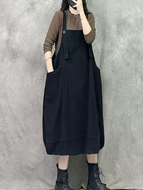 Robe à bretelles en denim de couleur pure rétro pour femmes