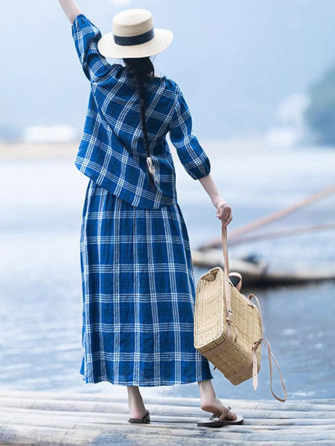 Combinaison ample à carreaux vintage d'été pour femmes 100 % lin