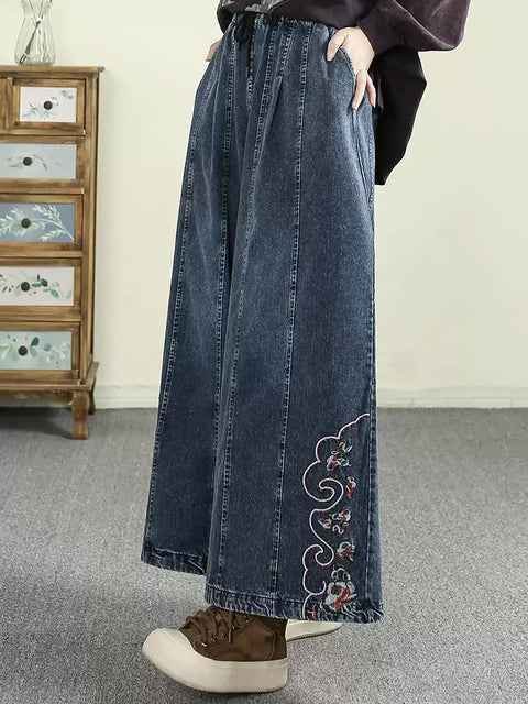 Pantalon large en denim brodé vintage pour femme