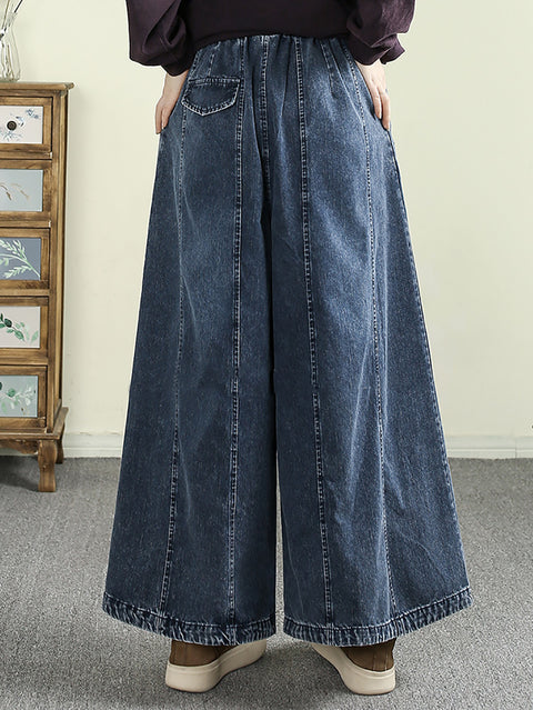 Pantalon large en denim brodé vintage pour femme