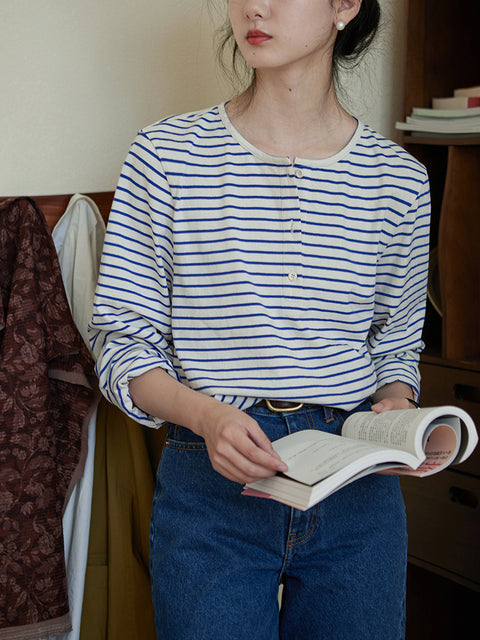 Chemise à col rond en coton à rayures printanières pour femmes