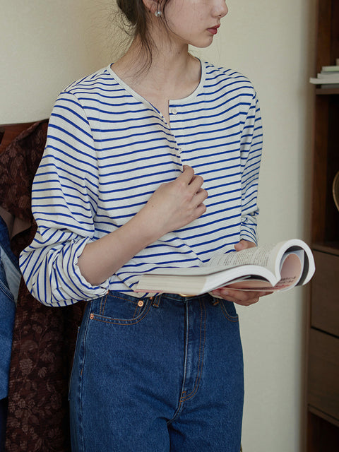 Chemise à col rond en coton à rayures printanières pour femmes