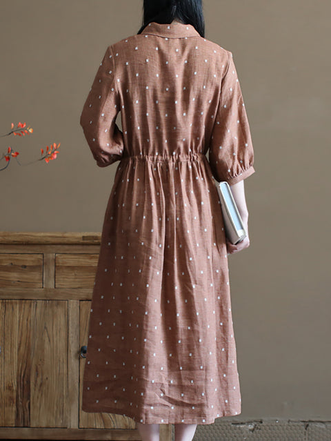 Women Artsy Summer Flower Jacquard Shirred Linen Dress