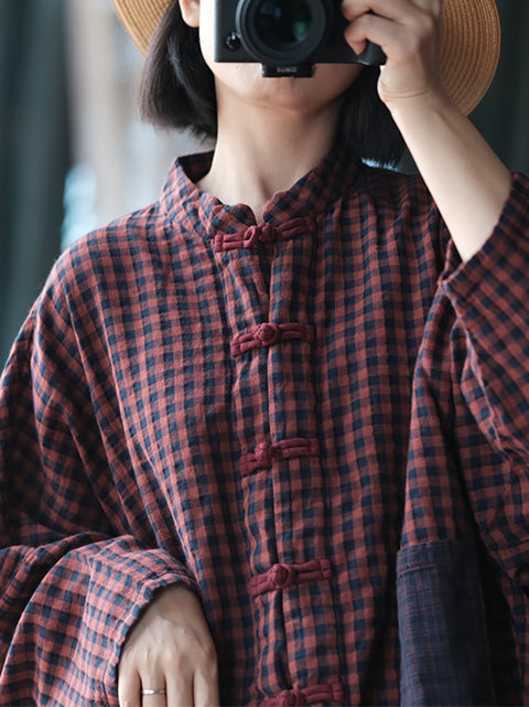 Chemise à col montant en coton à carreaux rétro pour femme