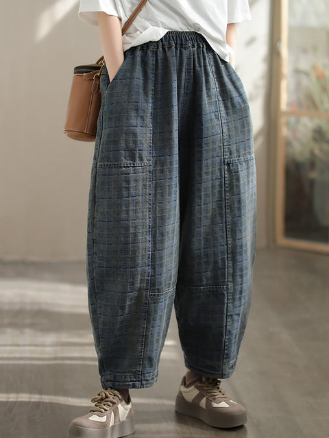 Women Spring Retro Plaid Denim Harem Pants