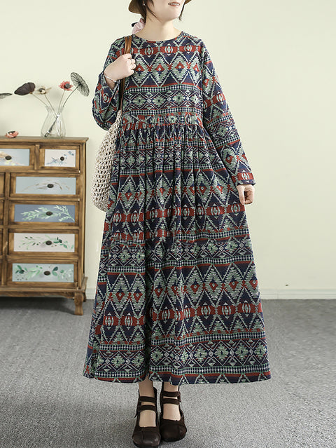 Women Spring Ethnic Print O-Neck Cotton Maxi Dress