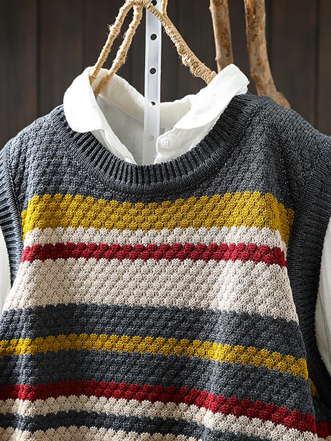 Gilet en tricot à col rond et rayures colorées pour femme, décontracté, printemps