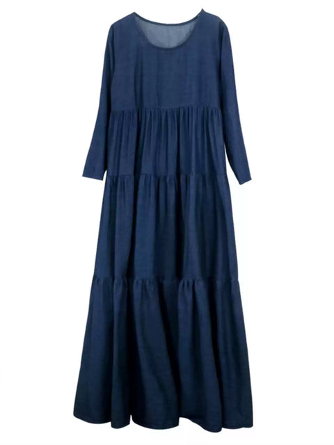 Robe longue à volants en denim à col rond pour femme