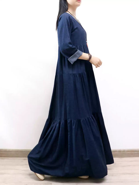 Robe longue à volants en denim à col rond pour femme