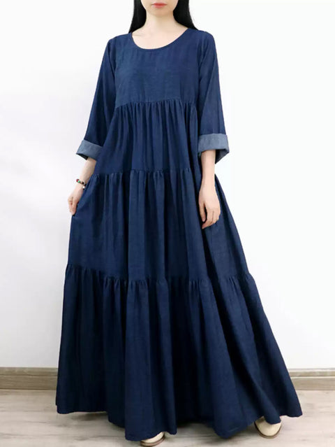 Women Spring O-Neck Denim Tiered Maxi Dress