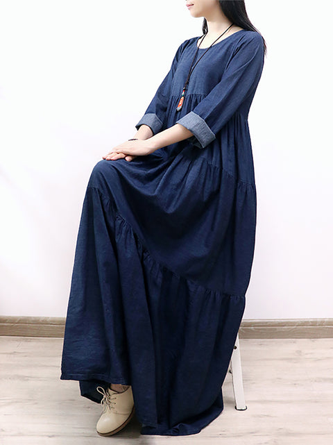 Robe longue à volants en denim à col rond pour femme