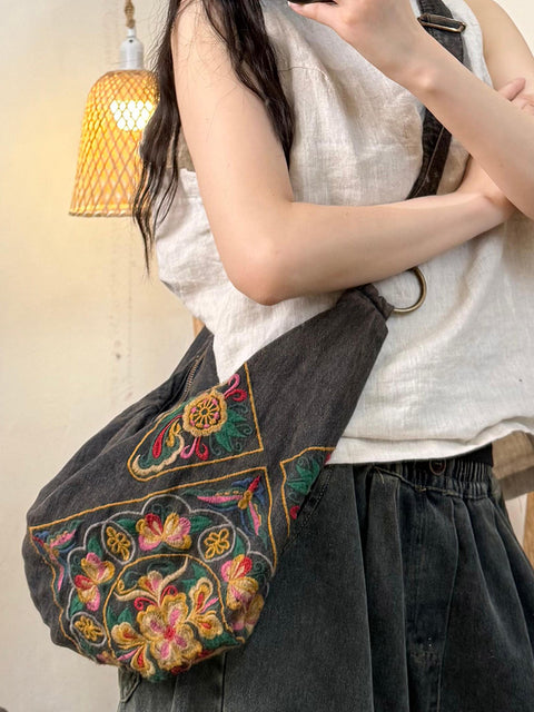 Summer Vintage Flower Embroidery Denim Crossbody Bag