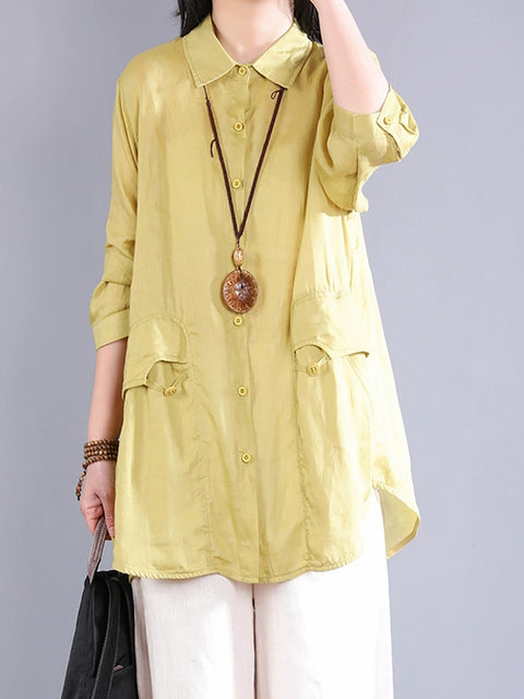 Women Spring Vintage Pure Color Button-up Ramie Shirt