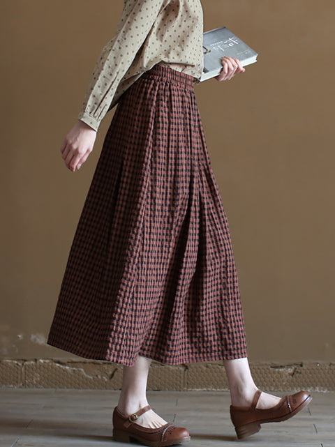 Women Summer Retro Plaid Loose 100%Cotton Skirt