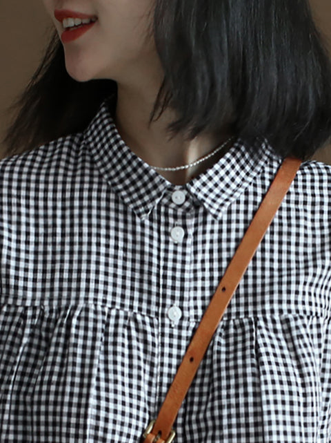 Chemise boutonnée d'été vintage à carreaux en lin et coton pour femme