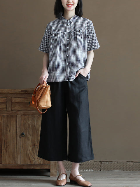 Chemise boutonnée d'été vintage à carreaux en lin et coton pour femme