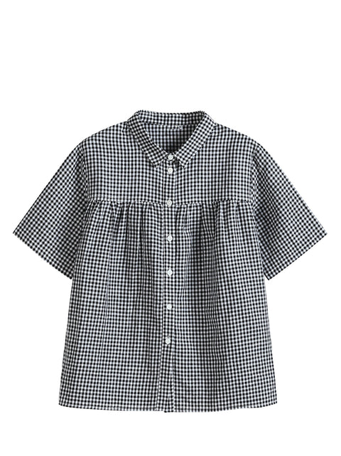 Chemise boutonnée d'été vintage à carreaux en lin et coton pour femme