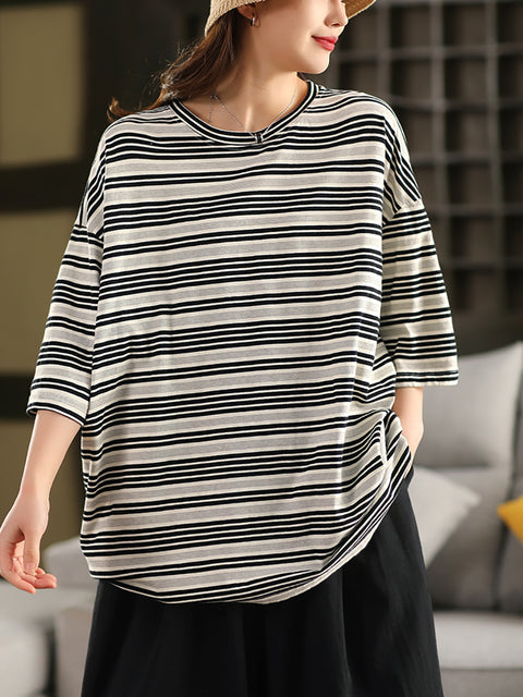 Women Summer Stripe 100%Cotton O-Neck Shirt