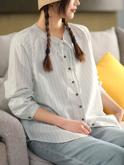 Women Spring Stripe 100%Cotton Stand Collar Shirt