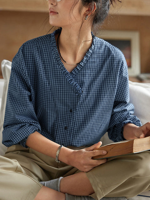 Chemise à carreaux à col en V pour femme, 100 % coton