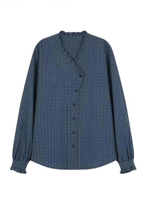 Chemise à carreaux à col en V pour femme, 100 % coton