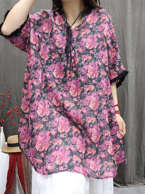 Chemise d'été à col en V pour femme 100 % ramie à fleurs vintage