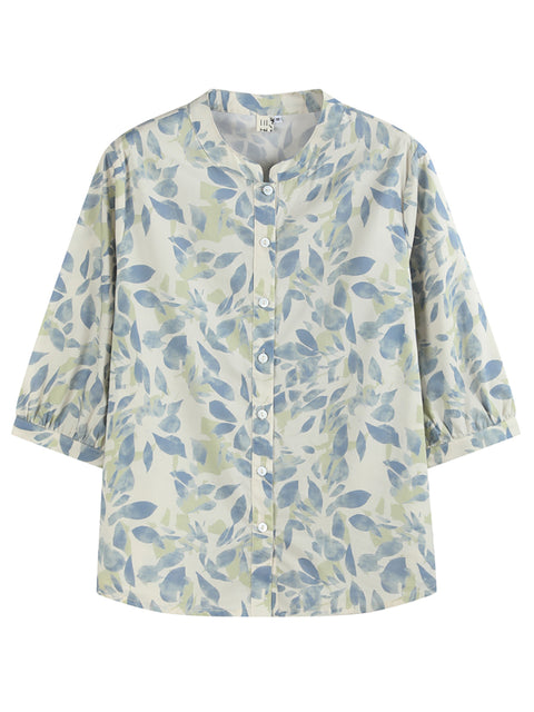 Chemise d'été à col montant pour femme 100 % coton avec motif floral artistique